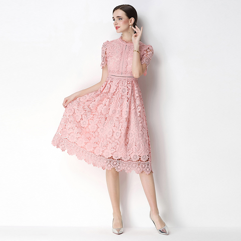 Long slim lace short sleeve hollow dress