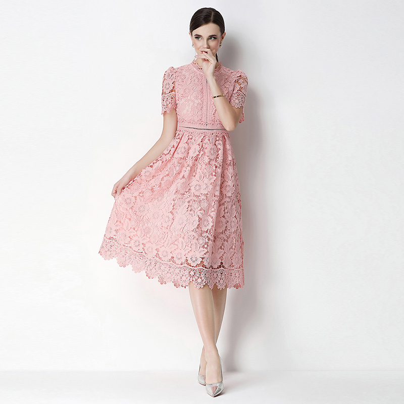 Long slim lace short sleeve hollow dress