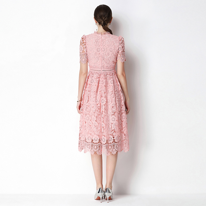 Long slim lace short sleeve hollow dress