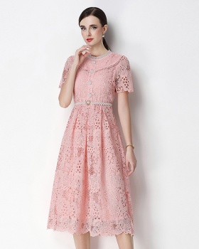 Slim short sleeve hollow long lace dress