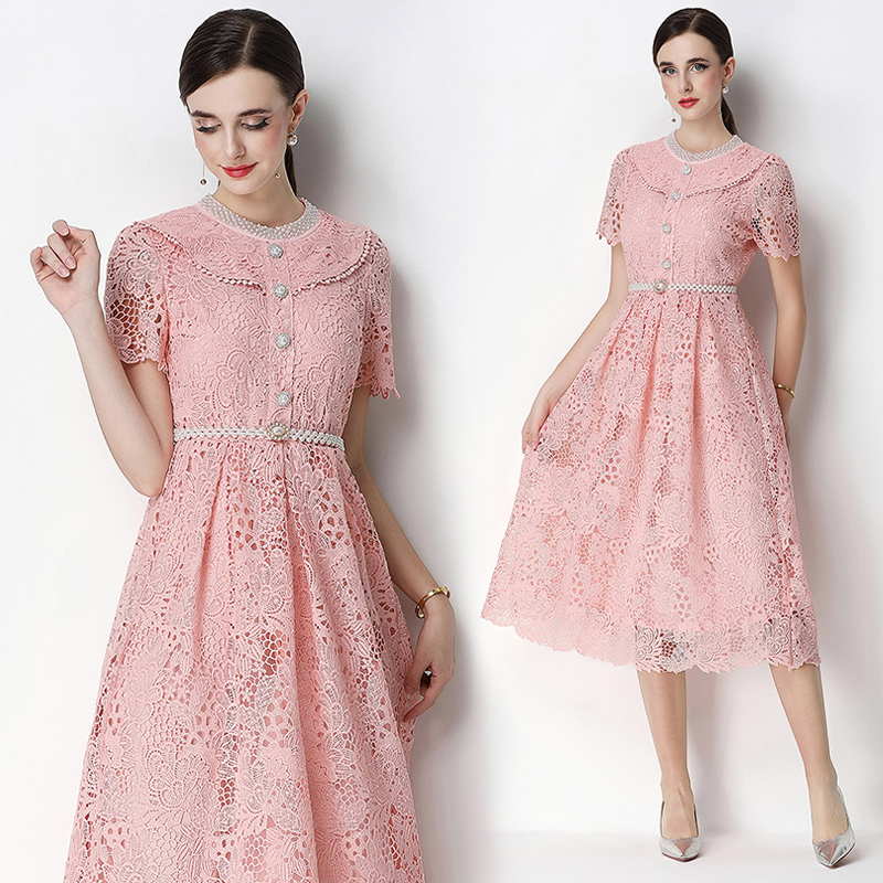 Slim short sleeve hollow long lace dress