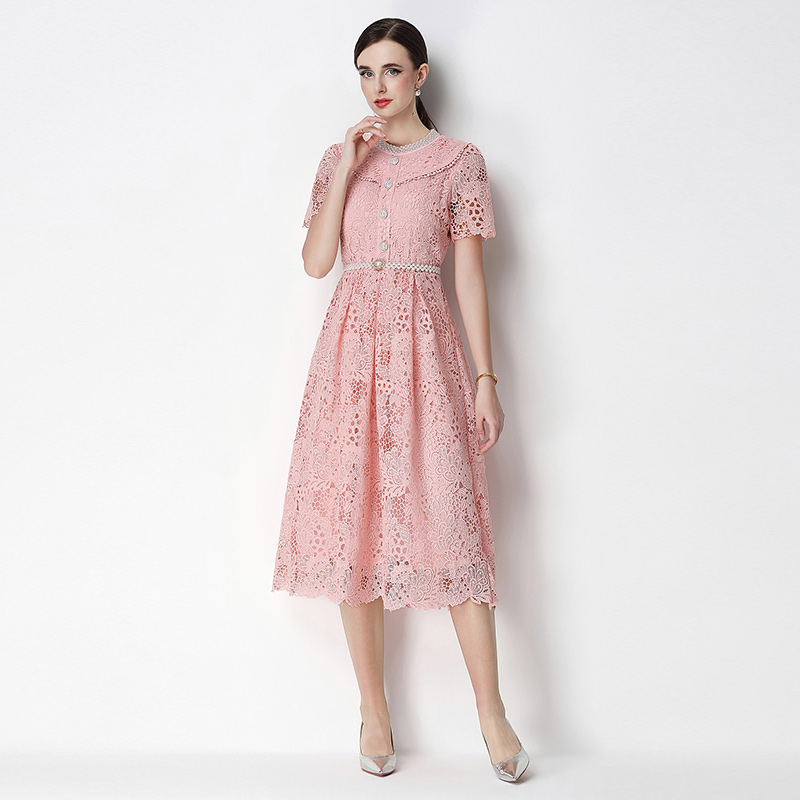 Slim short sleeve hollow long lace dress