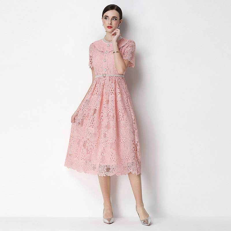 Slim short sleeve hollow long lace dress