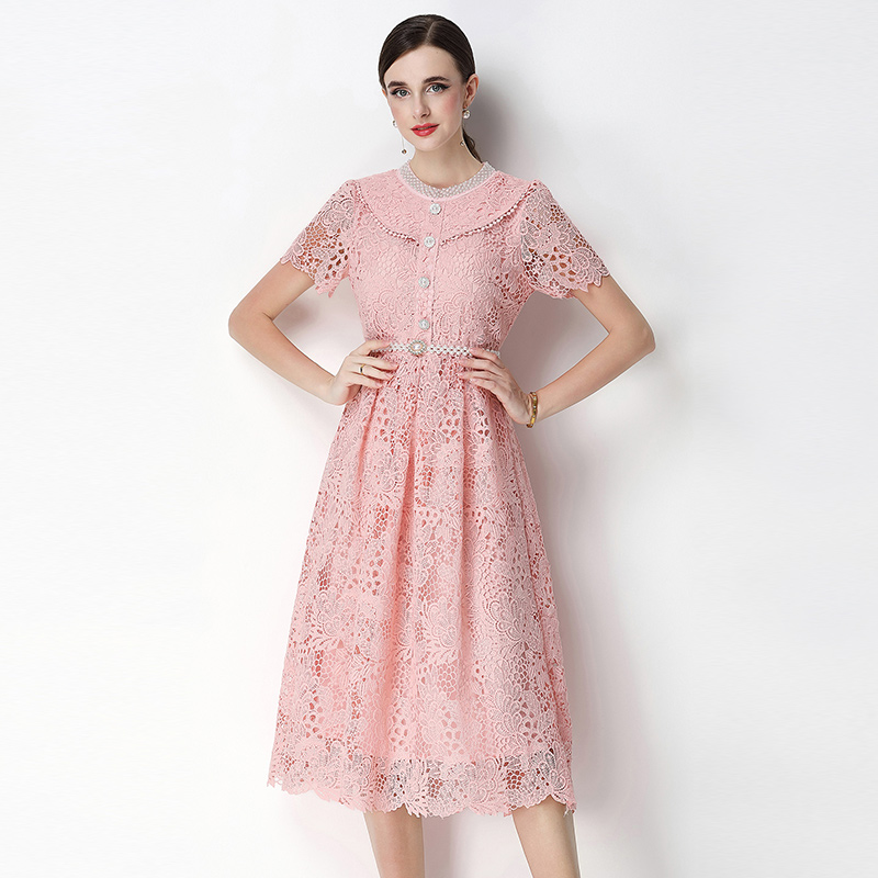 Slim short sleeve hollow long lace dress