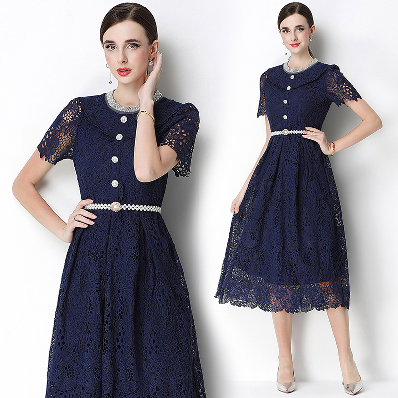 Lace long hollow short sleeve slim dress