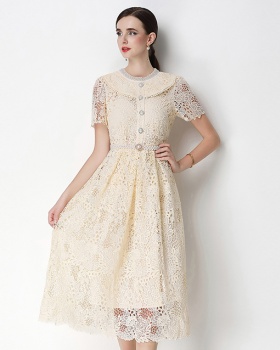 Long hollow slim short sleeve lace dress
