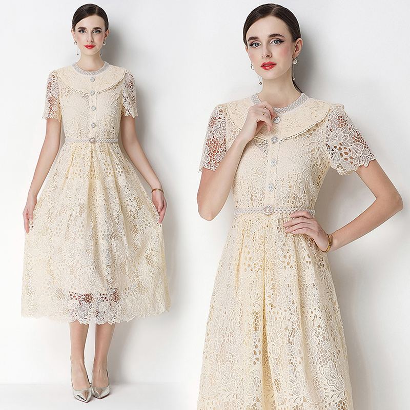 Long hollow slim short sleeve lace dress