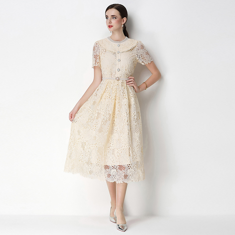 Long hollow slim short sleeve lace dress