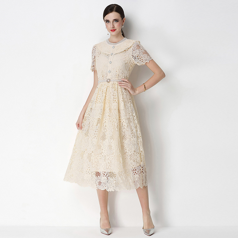 Long hollow slim short sleeve lace dress