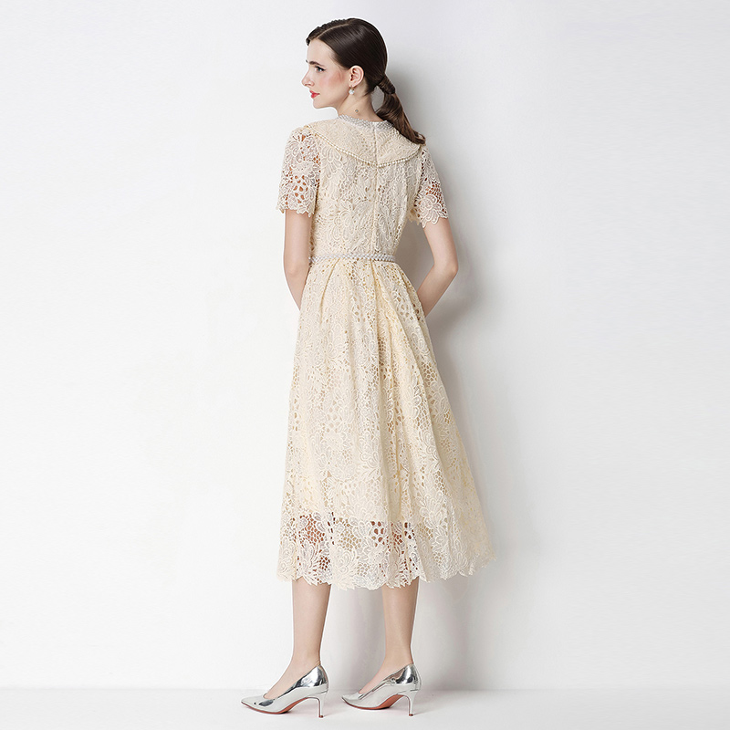 Long hollow slim short sleeve lace dress