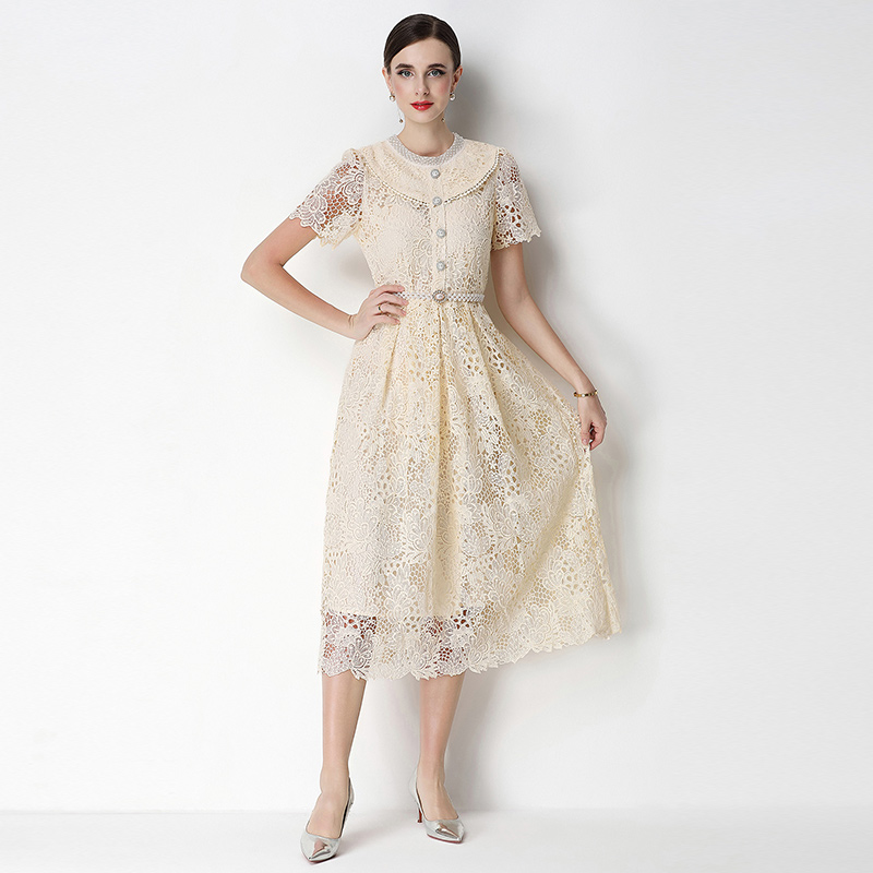 Long hollow slim short sleeve lace dress