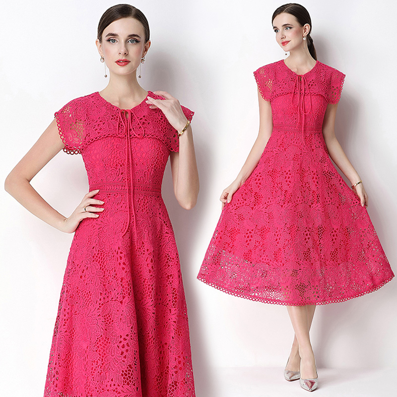 Slim long lace short sleeve hollow dress