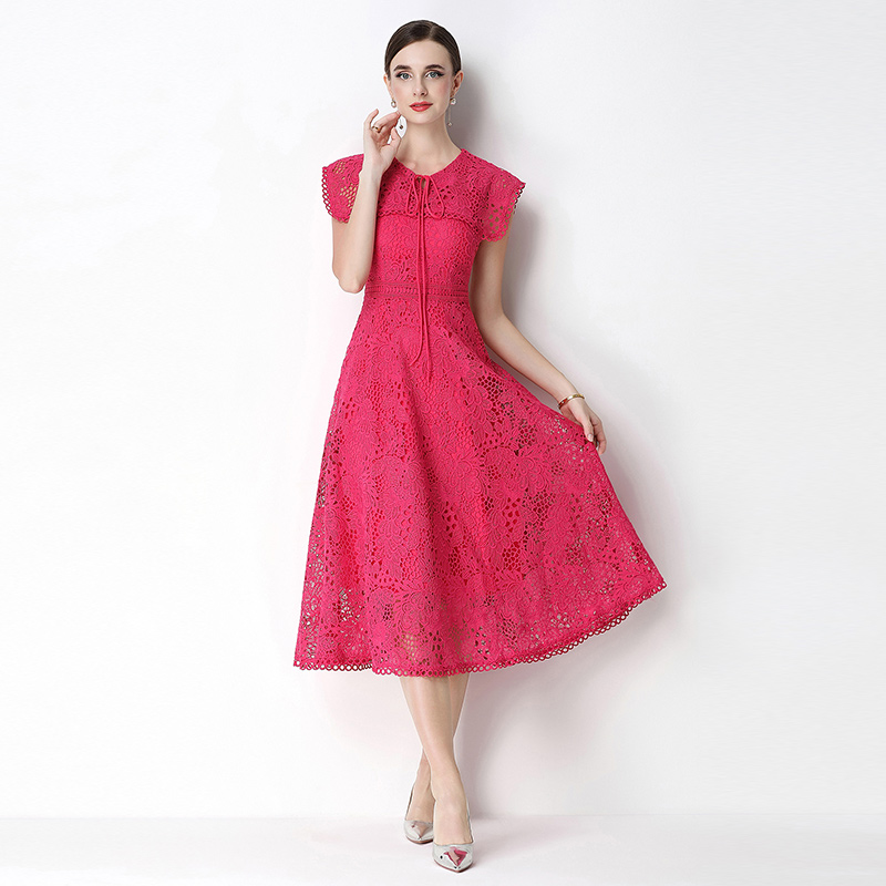 Slim long lace short sleeve hollow dress