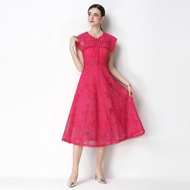 Slim long lace short sleeve hollow dress