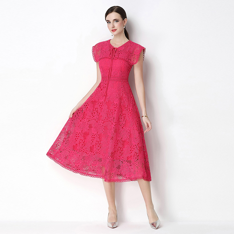 Slim long lace short sleeve hollow dress