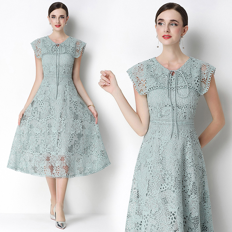 Slim short sleeve long hollow lace dress