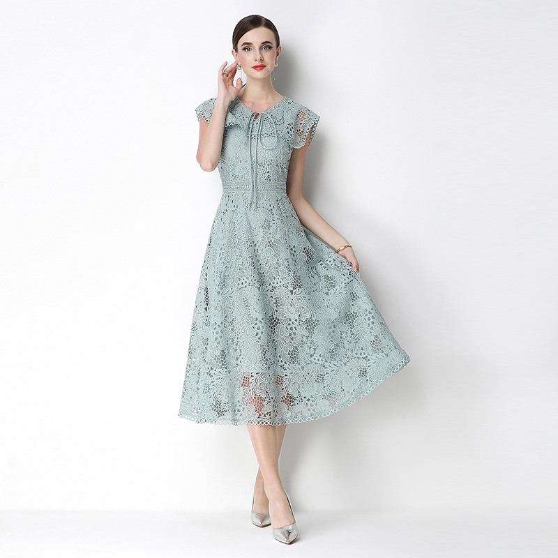 Slim short sleeve long hollow lace dress