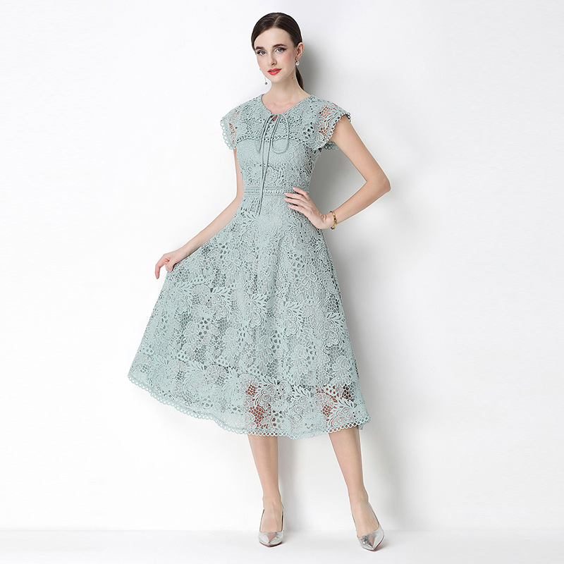 Slim short sleeve long hollow lace dress