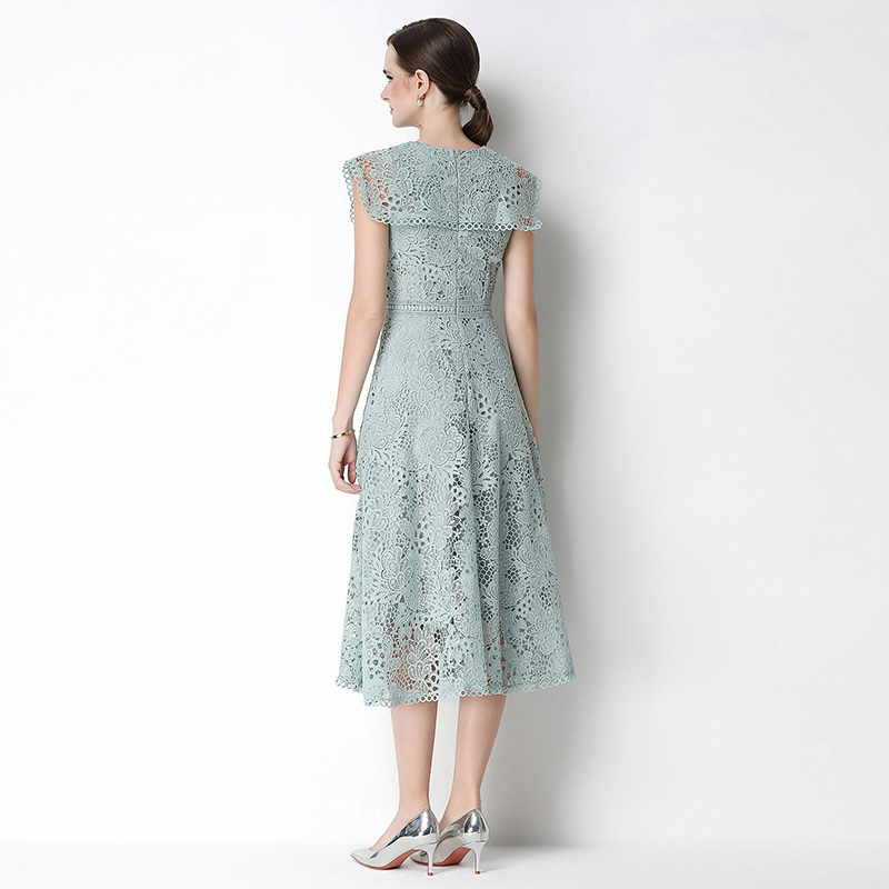 Slim short sleeve long hollow lace dress