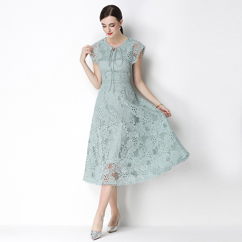 Slim short sleeve long hollow lace dress