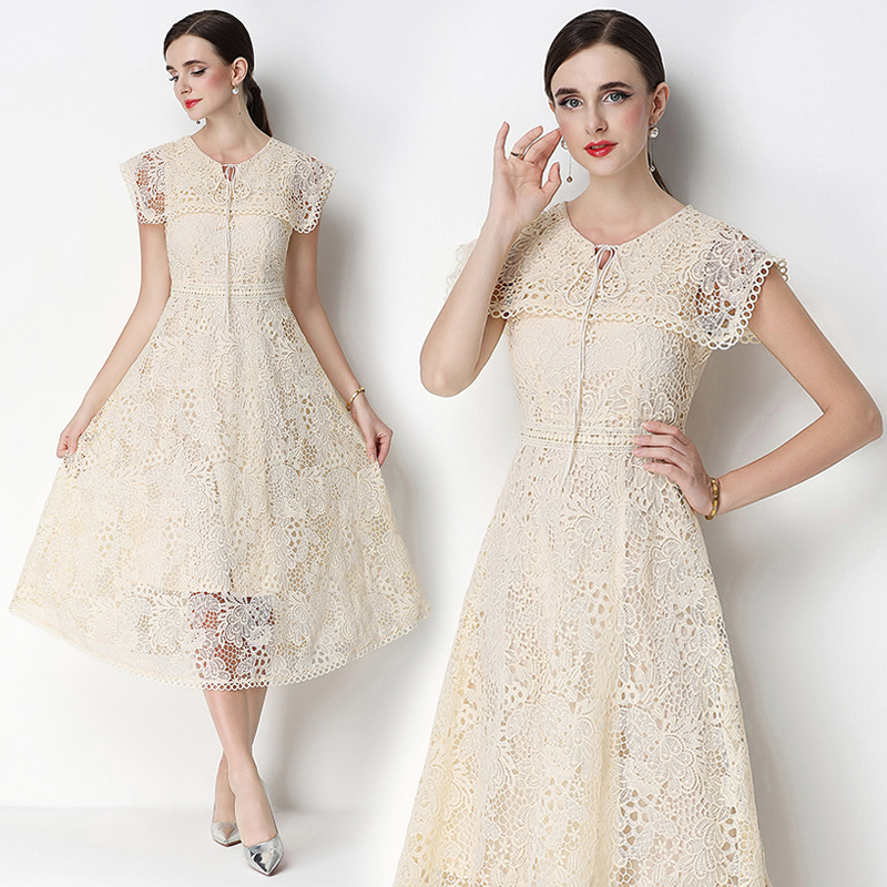 Short sleeve lace slim hollow long dress