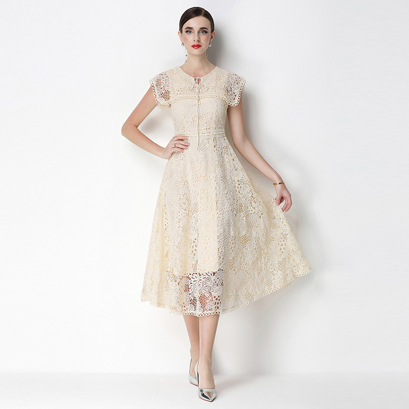 Short sleeve lace slim hollow long dress