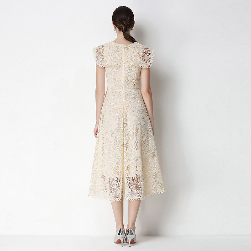 Short sleeve lace slim hollow long dress