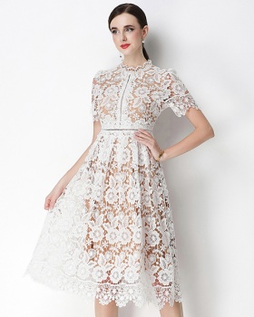 Hollow lace short sleeve slim long dress
