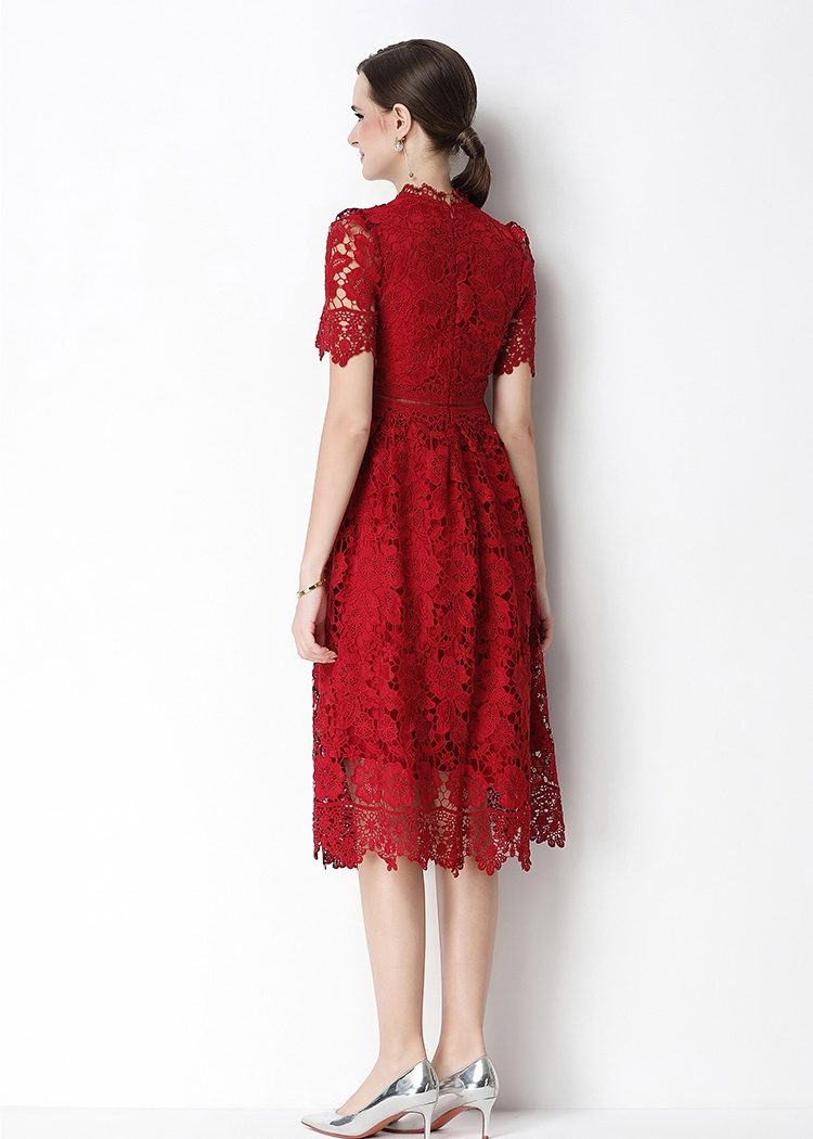 Hollow lace short sleeve slim long dress