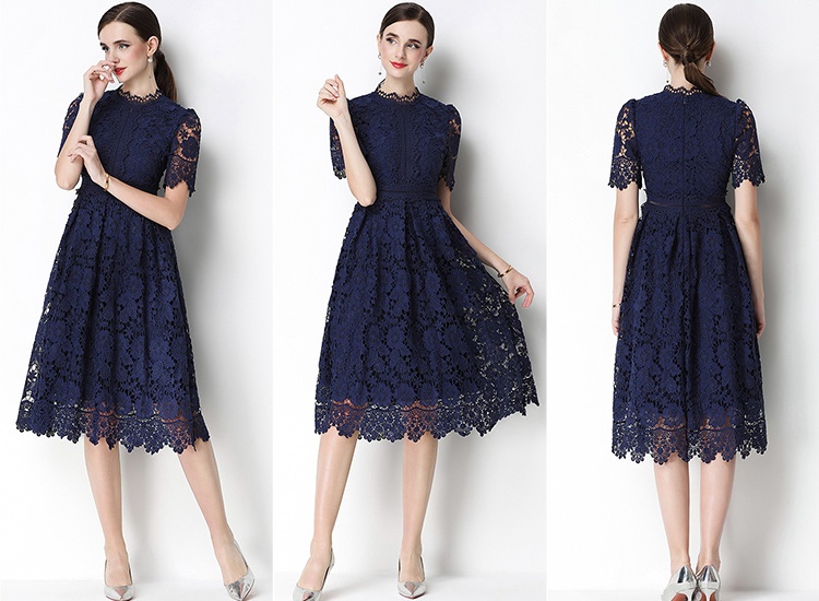 Hollow lace short sleeve slim long dress