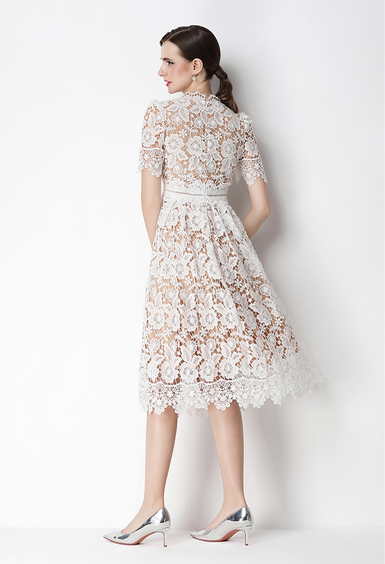 Hollow lace short sleeve slim long dress