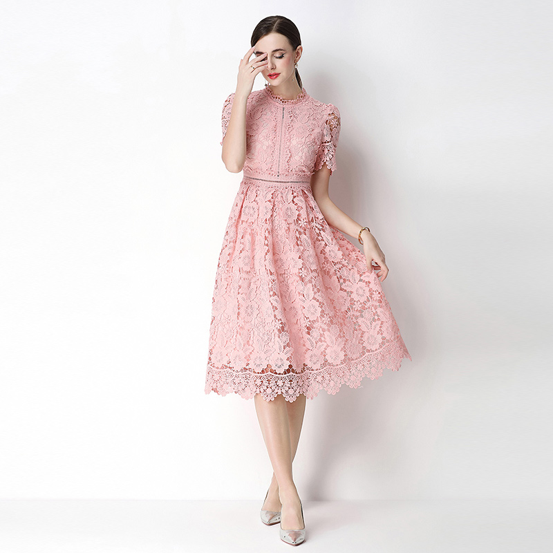 Hollow lace short sleeve slim long dress