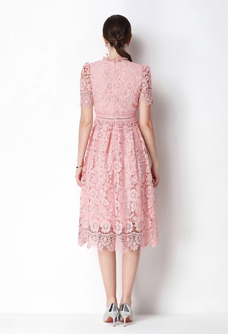 Hollow lace short sleeve slim long dress