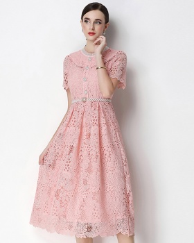 Short sleeve long slim lace hollow dress
