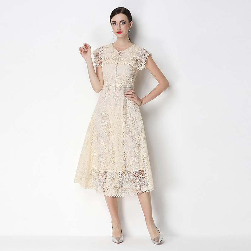 Short sleeve long slim lace hollow dress