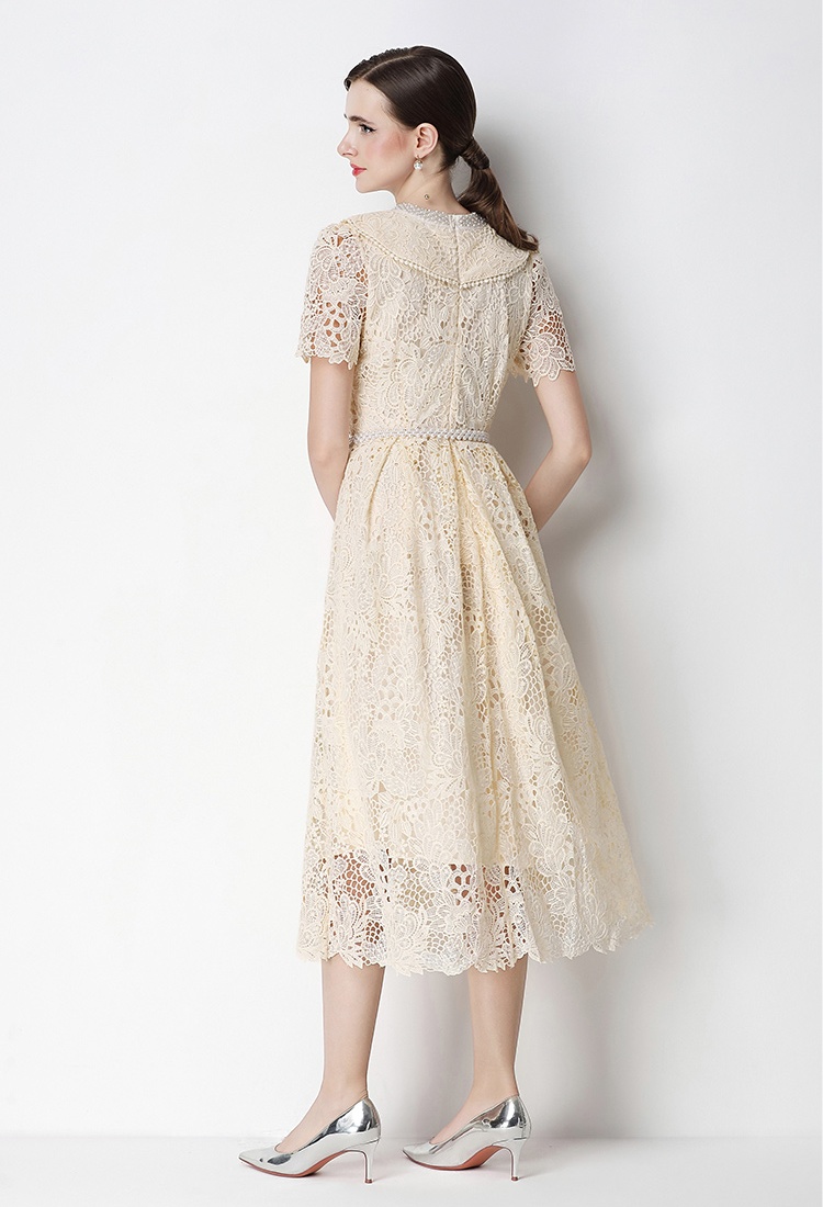 Short sleeve long slim lace hollow dress