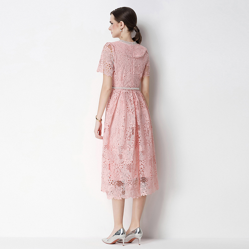 Short sleeve long slim lace hollow dress