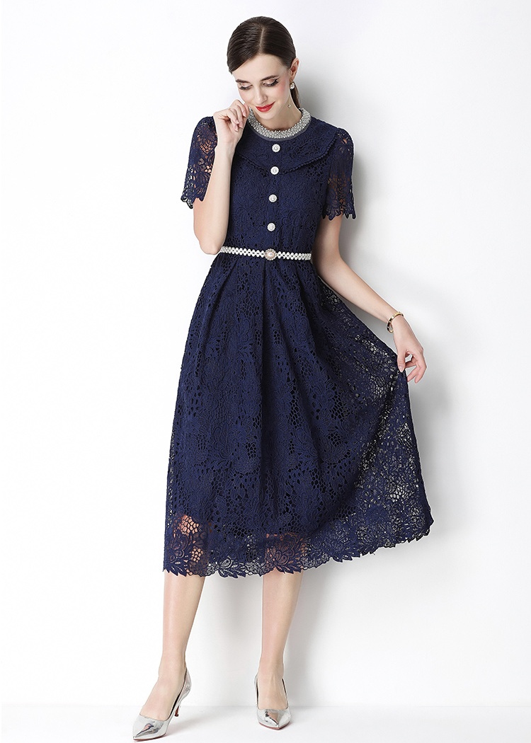 Short sleeve long slim lace hollow dress