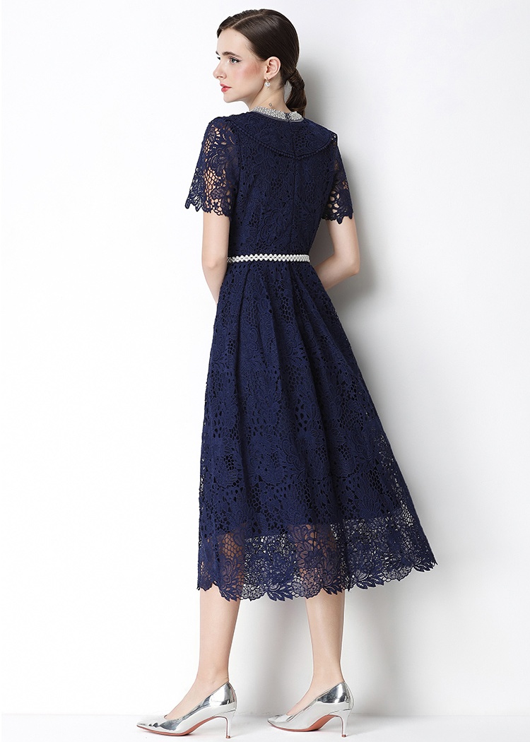 Short sleeve long slim lace hollow dress