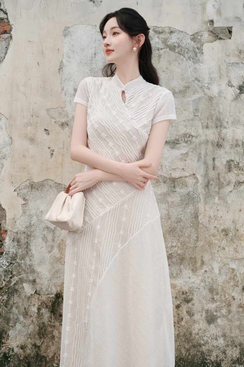 Chinese style chiffon summer long dress white lace dress