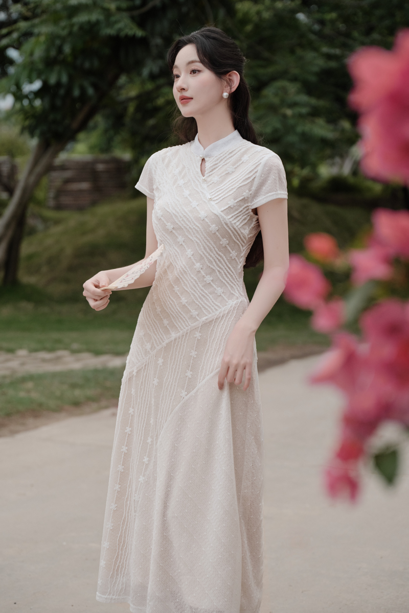 Chinese style chiffon summer long dress white lace dress