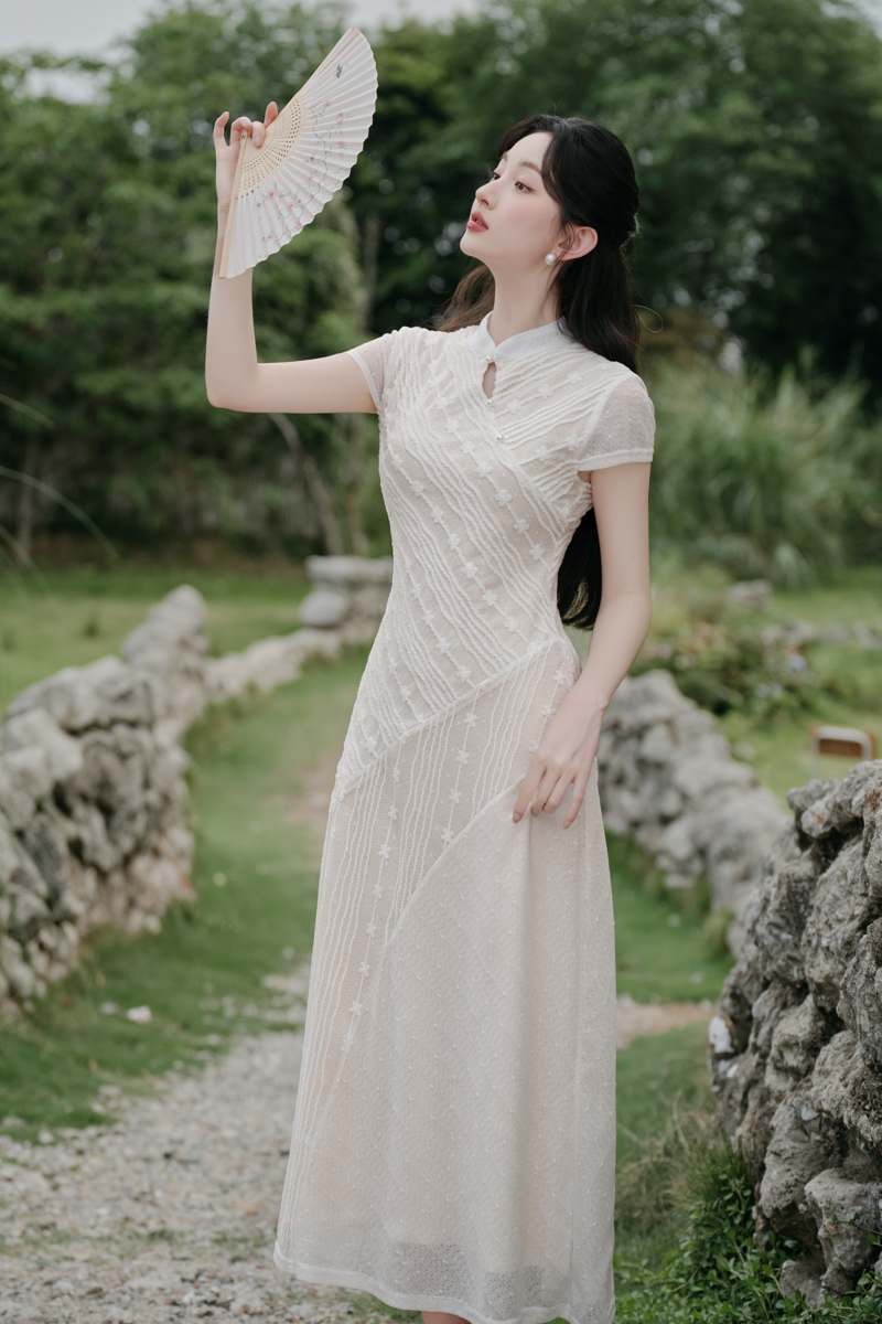 Chinese style chiffon summer long dress white lace dress