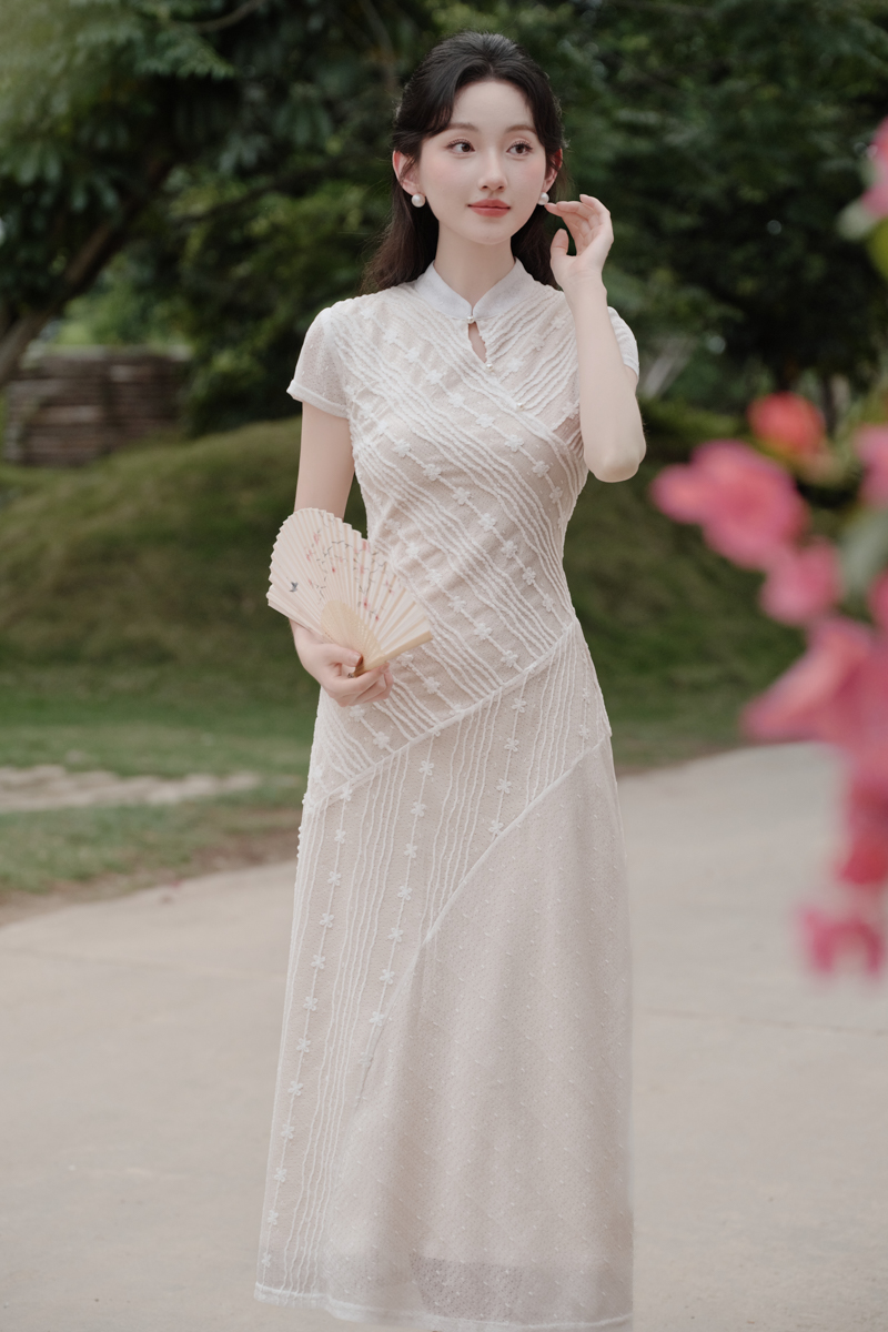 Chinese style chiffon summer long dress white lace dress