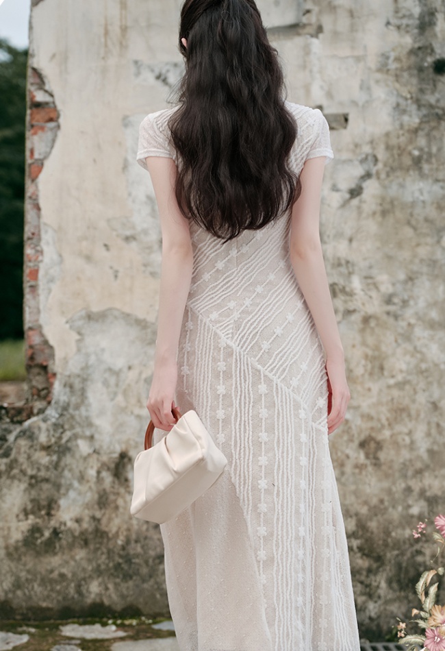 Chinese style chiffon summer long dress white lace dress