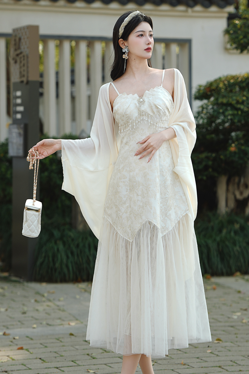 Summer slim dress jacquard strap dress 2pcs set