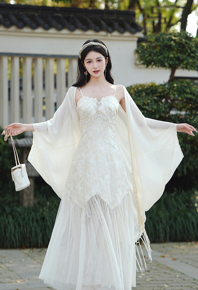 Summer slim dress jacquard strap dress 2pcs set