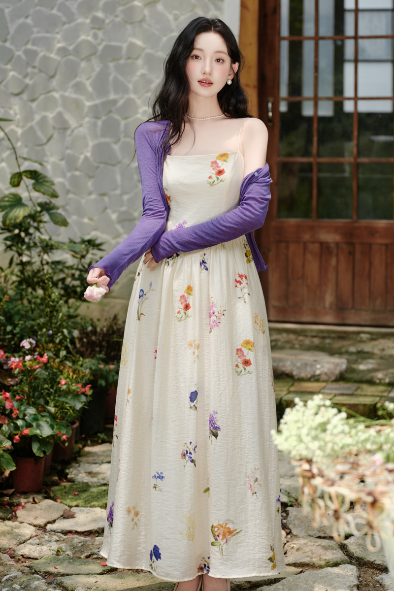 Retro colors floral France style dress for women