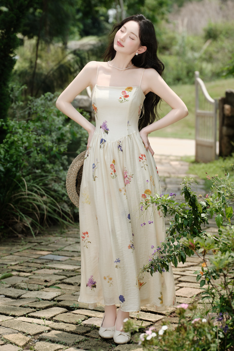 Retro colors floral France style dress for women