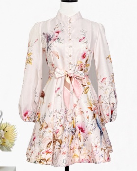 Printing lantern sleeve cstand collar retro dress