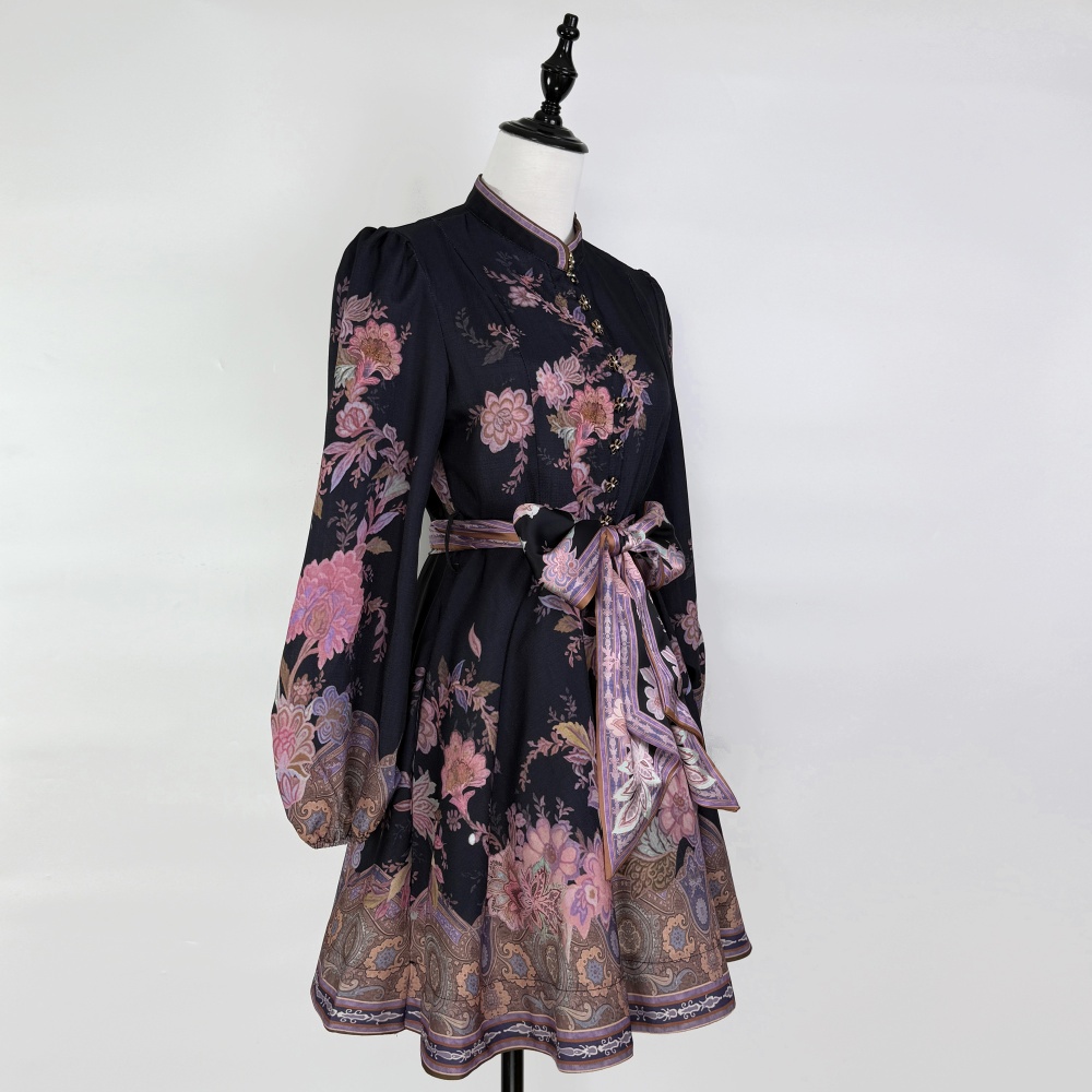 Printing lantern sleeve cstand collar retro dress